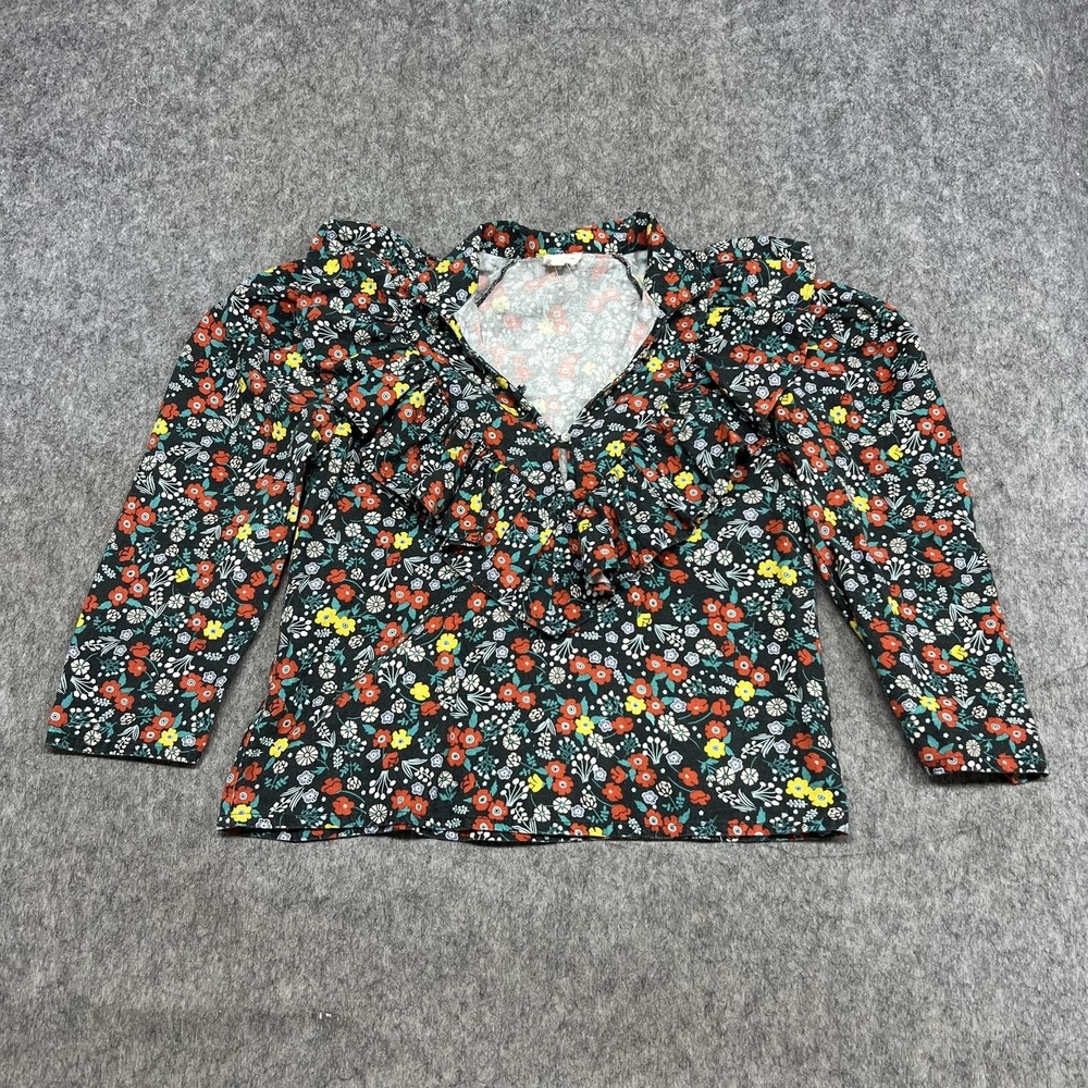Place Nationale Blouse Womens Small Black Floral Ruffle Puff Sleeve V Neck Top 1